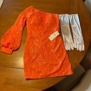 Classic One-Shoulder Orange Sequin-Pattern Dress